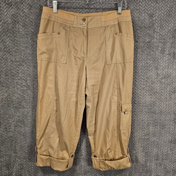 Laura Ashley Pants - Boho Beach Khaki Cargo Capri Pants Women 4P Tan Utility Cropped Trousers Pockets
